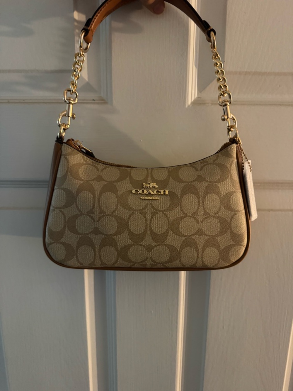 Coach Signature Mini Shoulder Bag in Tan and Brown with Gold Hardware